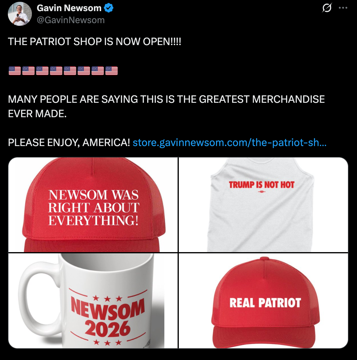 当地时间24日，纽森发帖宣布出售周边商品。图源：纽森社交平台X账号