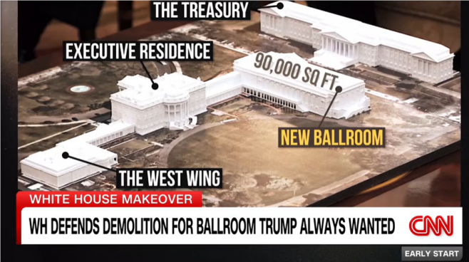 在CNN关于白宫东翼楼改建为豪华宴会厅的视频报道中,显示改建后的俯瞰效果图。图源:美媒