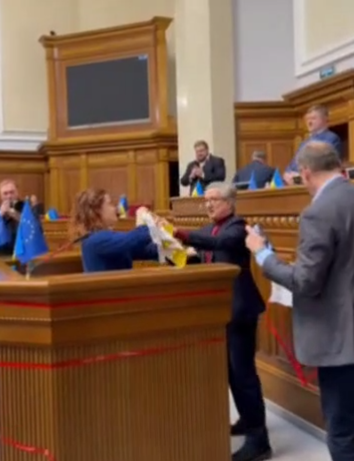 别祖格拉娅在乌克兰最高拉达与其他议员爆发肢体冲突。图为外媒发布的视频截图