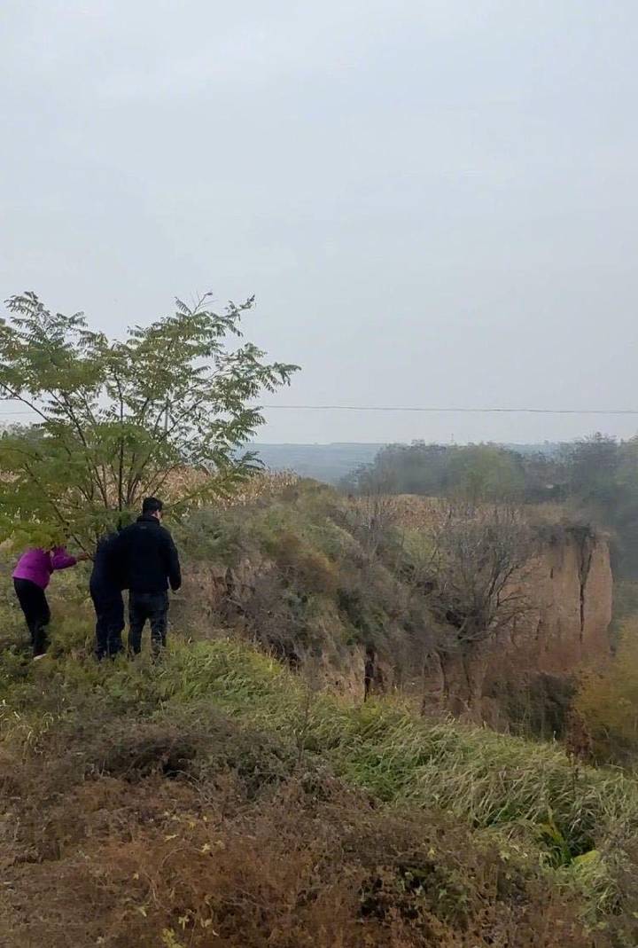 苗苗家人在土崖旁。上游新闻记者 贾晨 摄