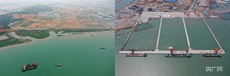 三都澳港漳湾作业区18至20号泊位,左图2021年5月20日开工建设,右图2024年12月3日通过竣工验收(央广网发 宁德港务集团供图)