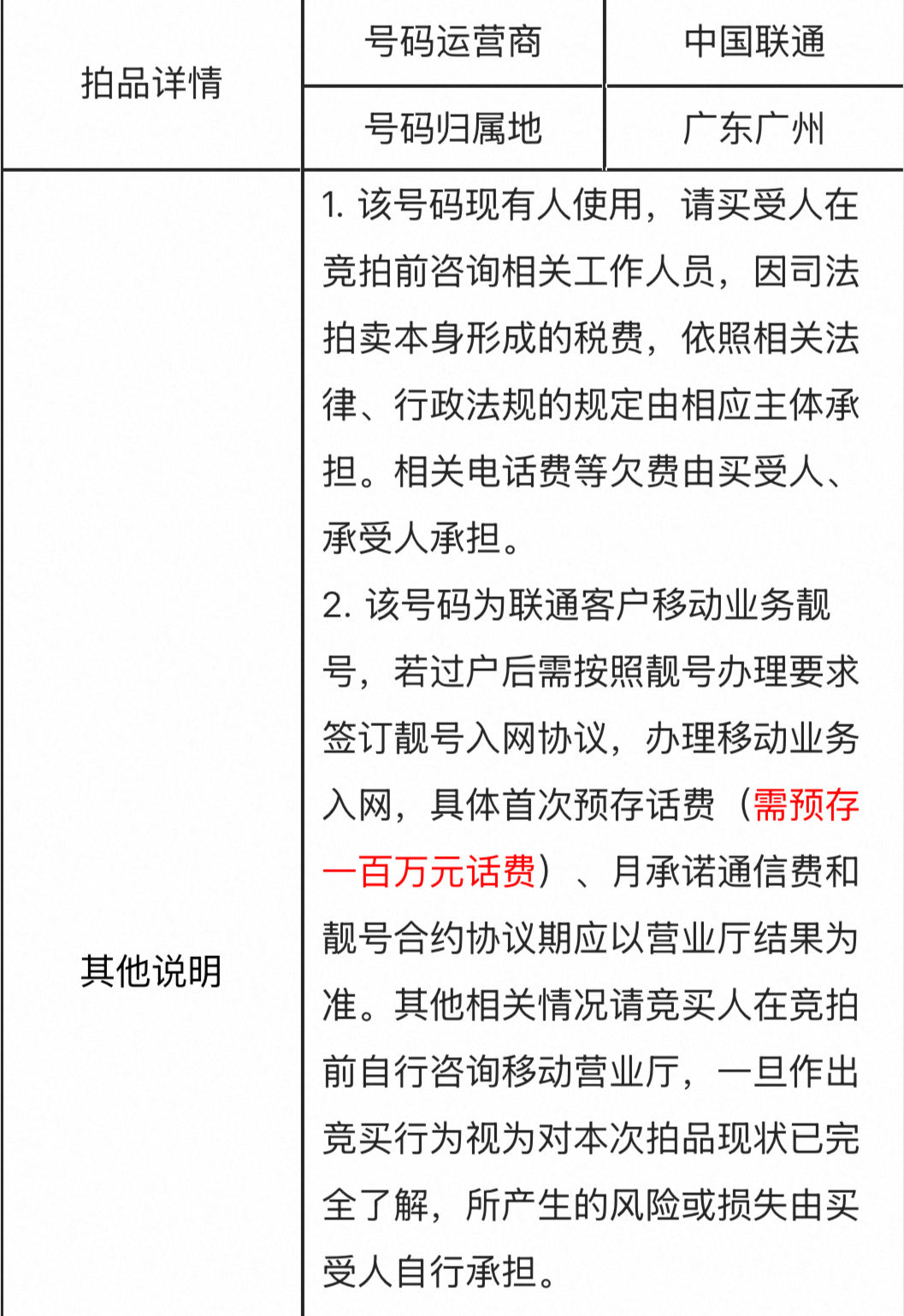 ▲拍得者需预存100万元话费