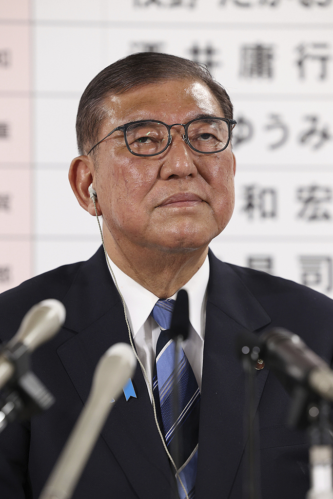 20日,日本首相石破茂在参议院选举后于自民党总部接受采访并发表讲话。(视觉中国)
