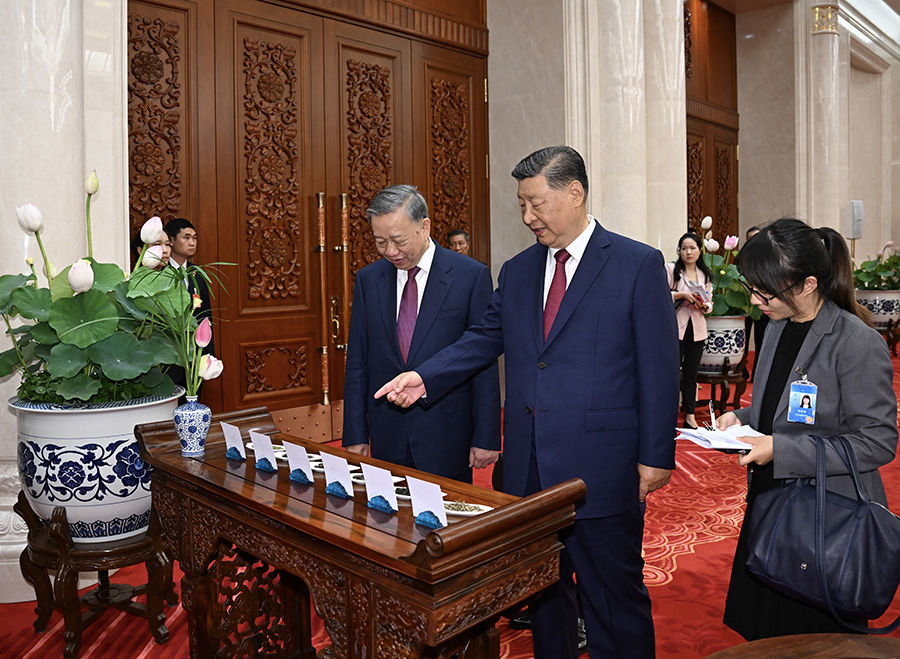 2024年8月19日，中共中央总书记、国家主席习近平在北京人民大会堂同来华进行国事访问的越共中央总书记、国家主席苏林举行会谈。这是习近平同苏林进行小范围茶叙。新华社记者 谢环驰 摄