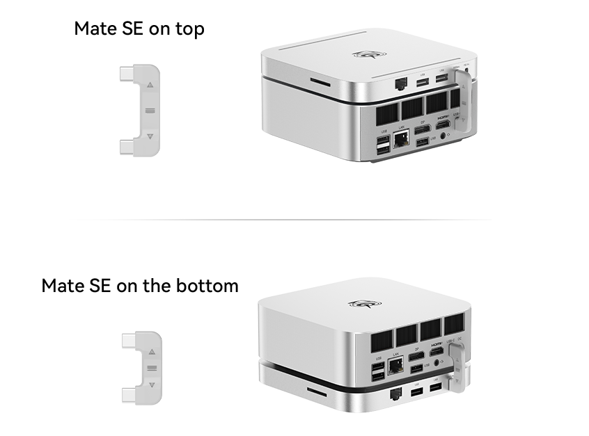 ▲ 由于两者 USB-C 数据接口对齐，Mate SE 搭配 SE 系列迷你主机时可使用随附硬板连接线通信