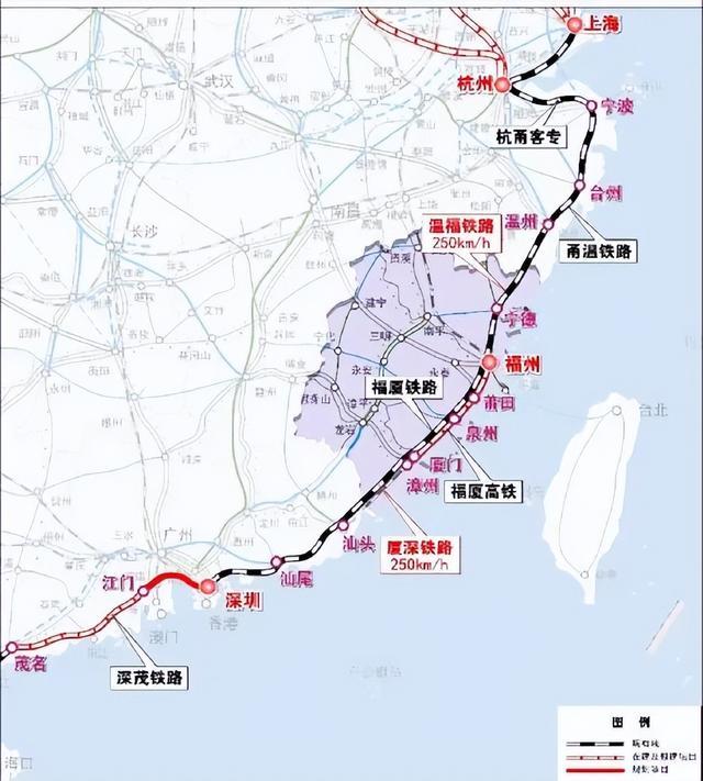 沿海通道（东南段）示意图。来源：《福建省中长期铁路网规划》