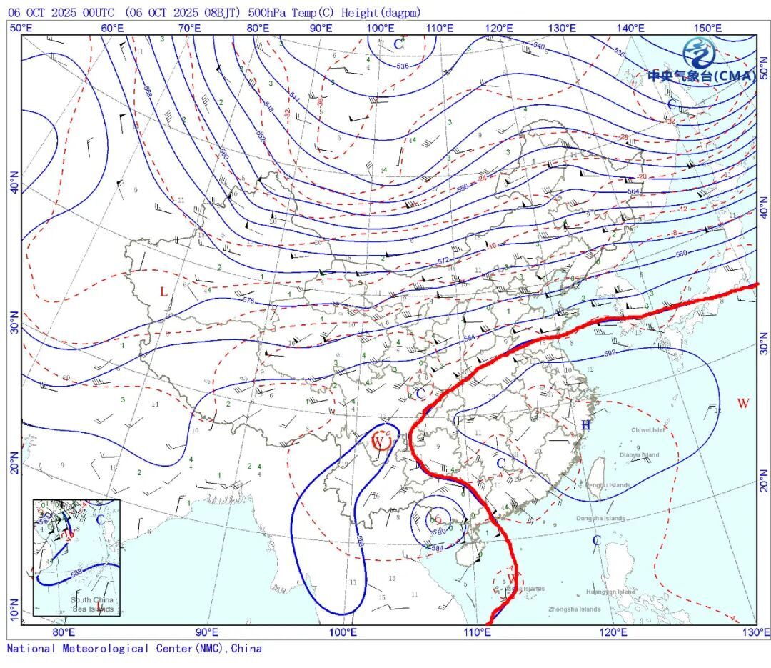 今天,副热带高压控制着南方大部地区,图中画红线部分为副热带高压大致位置。