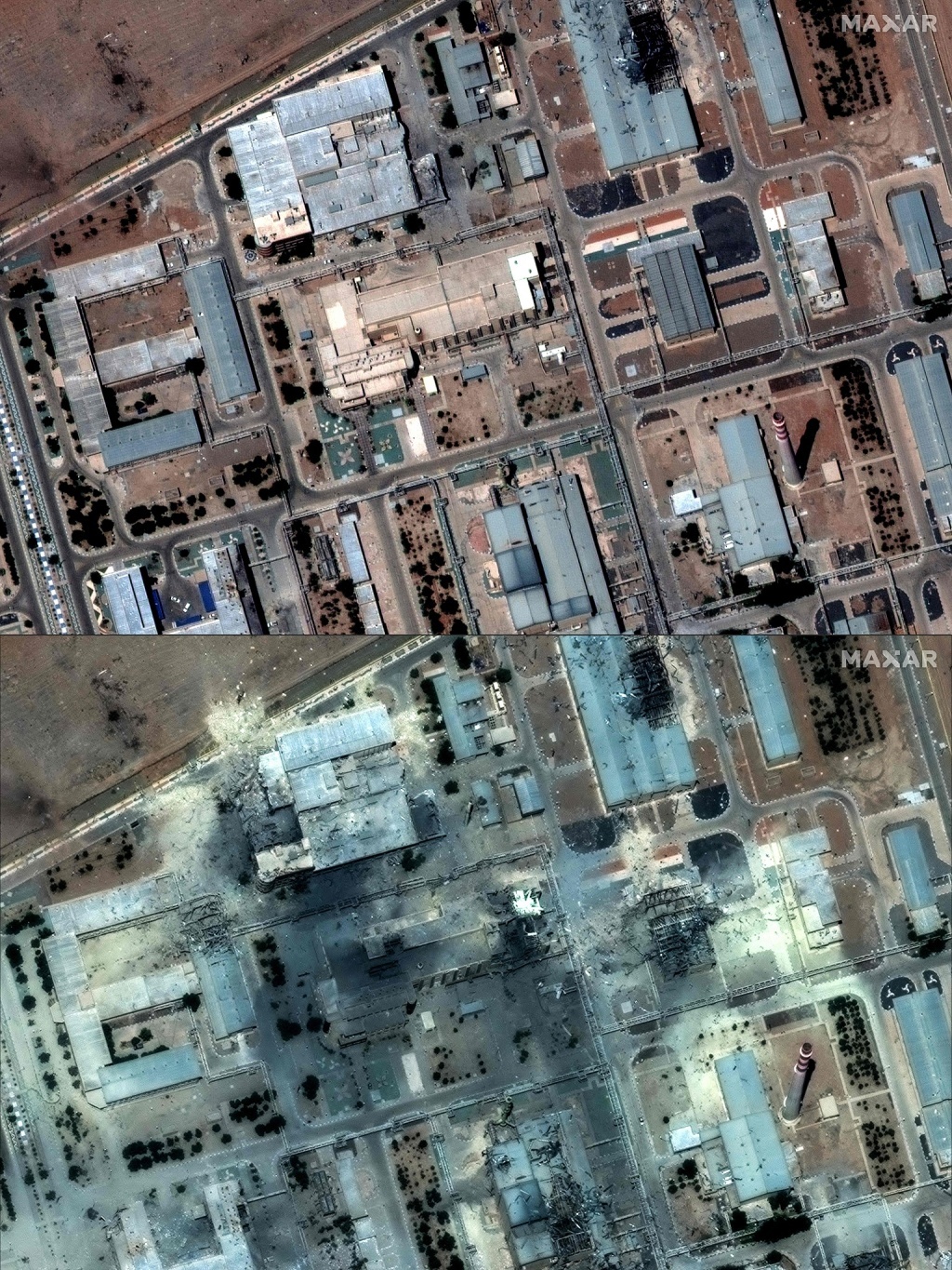 当地时间2025年6月22日，卫星图像显示，伊朗伊斯法罕核设施2025年6月16日（上）和2025年6月22日美国袭击后影像。