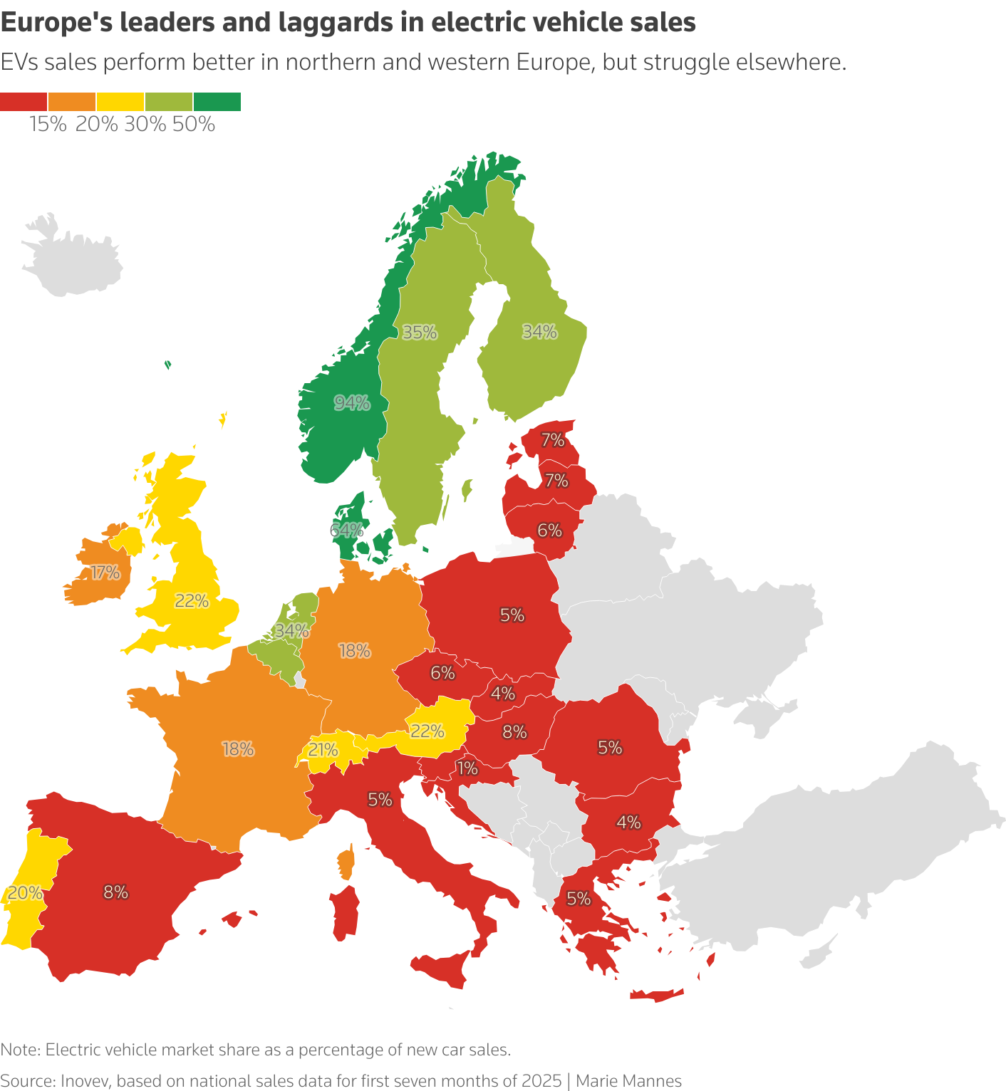 今年1-7月欧洲主要国家汽车市场的电动车比例 路透社