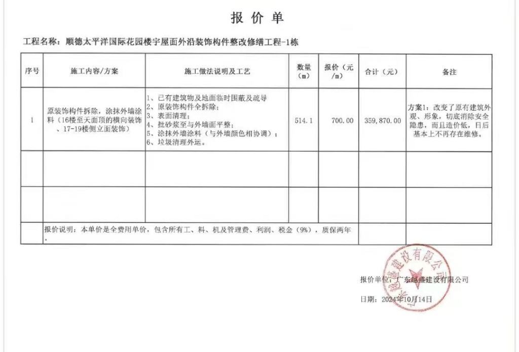 业主们质疑,物业联系的维修公司报价单,过于简单,且报价过高。