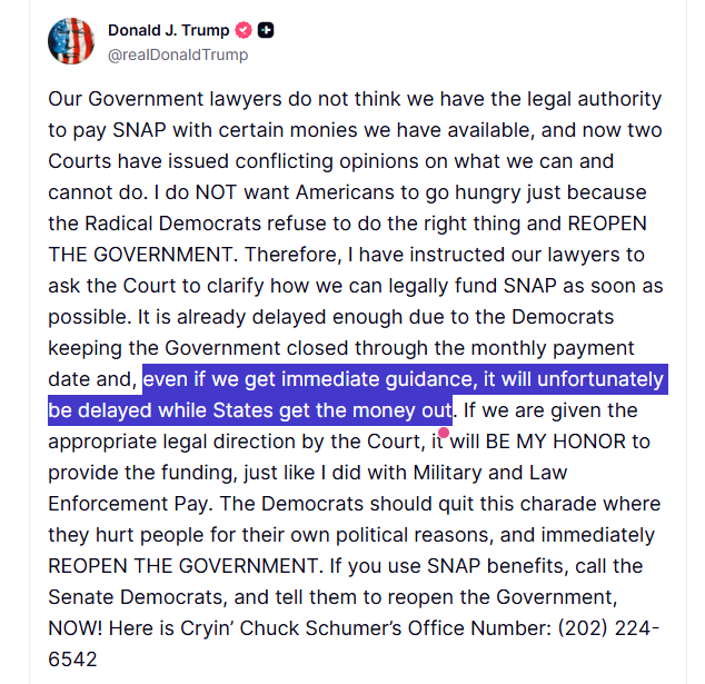 △当地时间10月31日,美国总统特朗普就“补充营养援助计划”发表声明。特朗普再次指责是民主党导致政府“停摆”,最终招致美国民众忍饥挨饿。