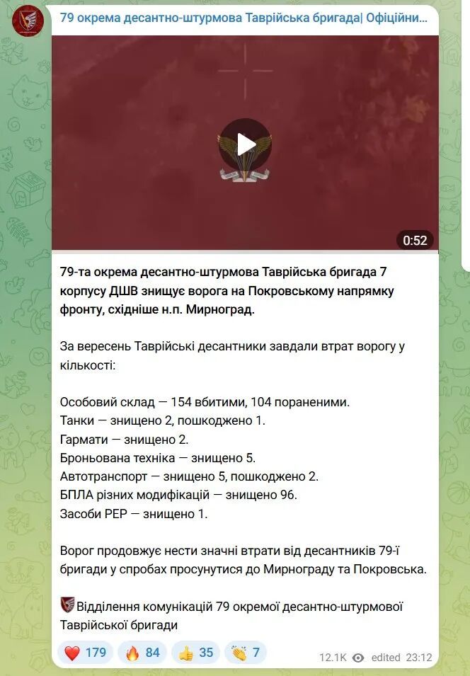 乌军第79空降旅10月1日报告截图。