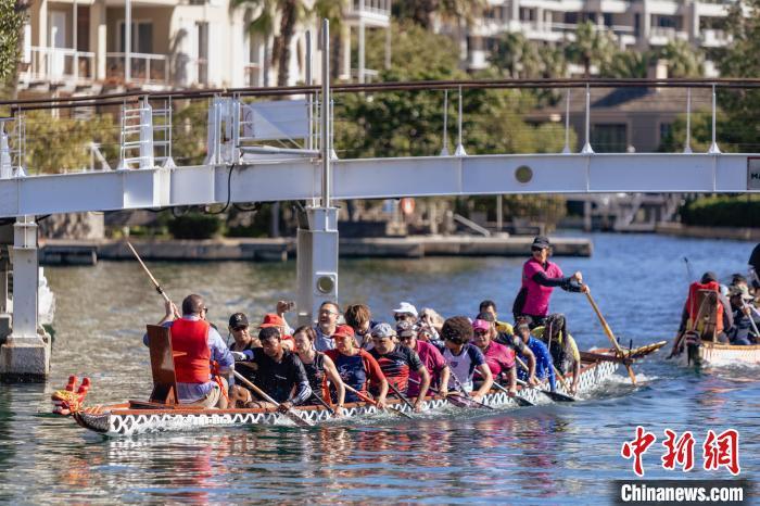 近日，由南非开普敦华人社区和开普敦龙舟协会主办的龙舟节在开普敦维多利亚港举行，图为龙舟赛现场。(受访者供图)
