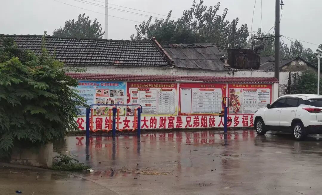 某村委会广场外墙的右上角,写着镇鼓励生育办公室的宣传语:“早生得实惠,晚生就后悔”