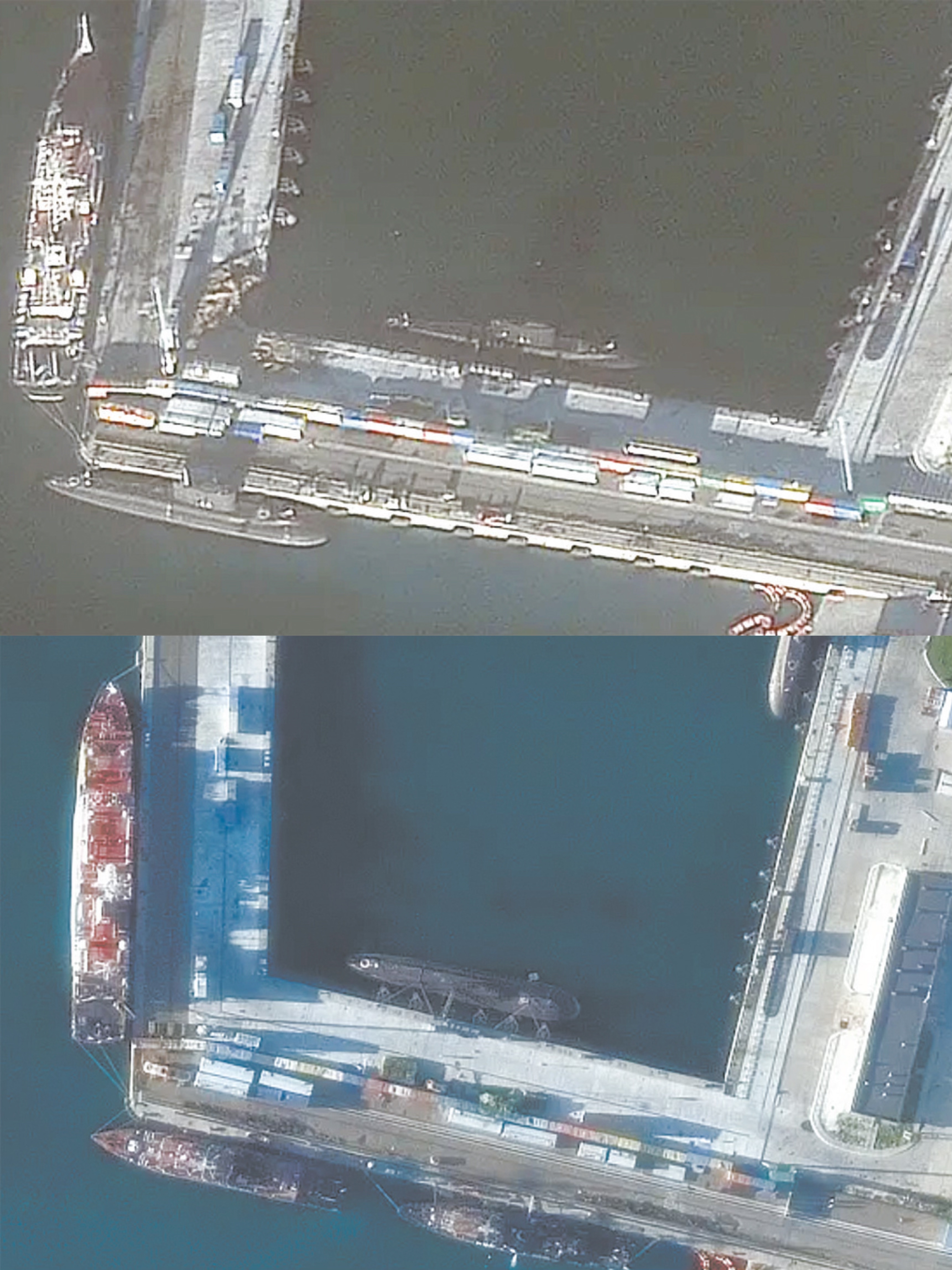 上图和下图分别为袭击后、袭击前俄军码头的卫星画面
