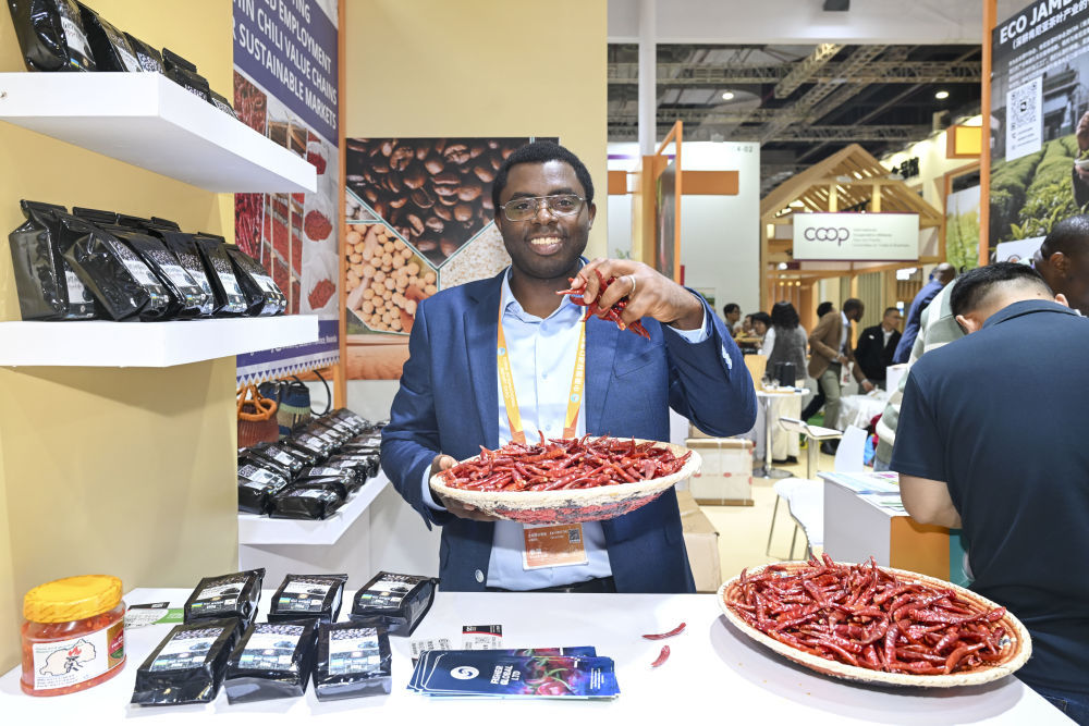 11月7日,卢旺达展商在第八届进博会展示干辣椒产品。新华社记者 陈浩明 摄