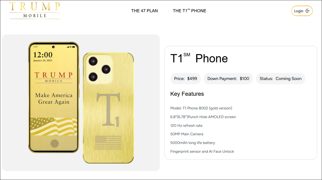 “T1”手机渲染图 Trump Mobile网站