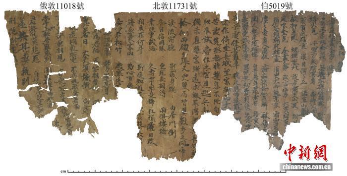 俄敦11018号（现藏俄罗斯科学院东方文献研究所）、北敦11731号（现藏中国国家图书馆）、伯5019号（现藏法国国家图书馆）残片整合后的《孟姜女变文》缀合图。（资料图）（受访者供图）