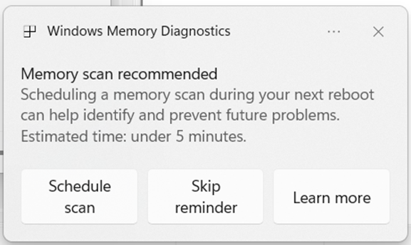 Windows Memory Diagnostics dialog recommending a scan during next reboot.