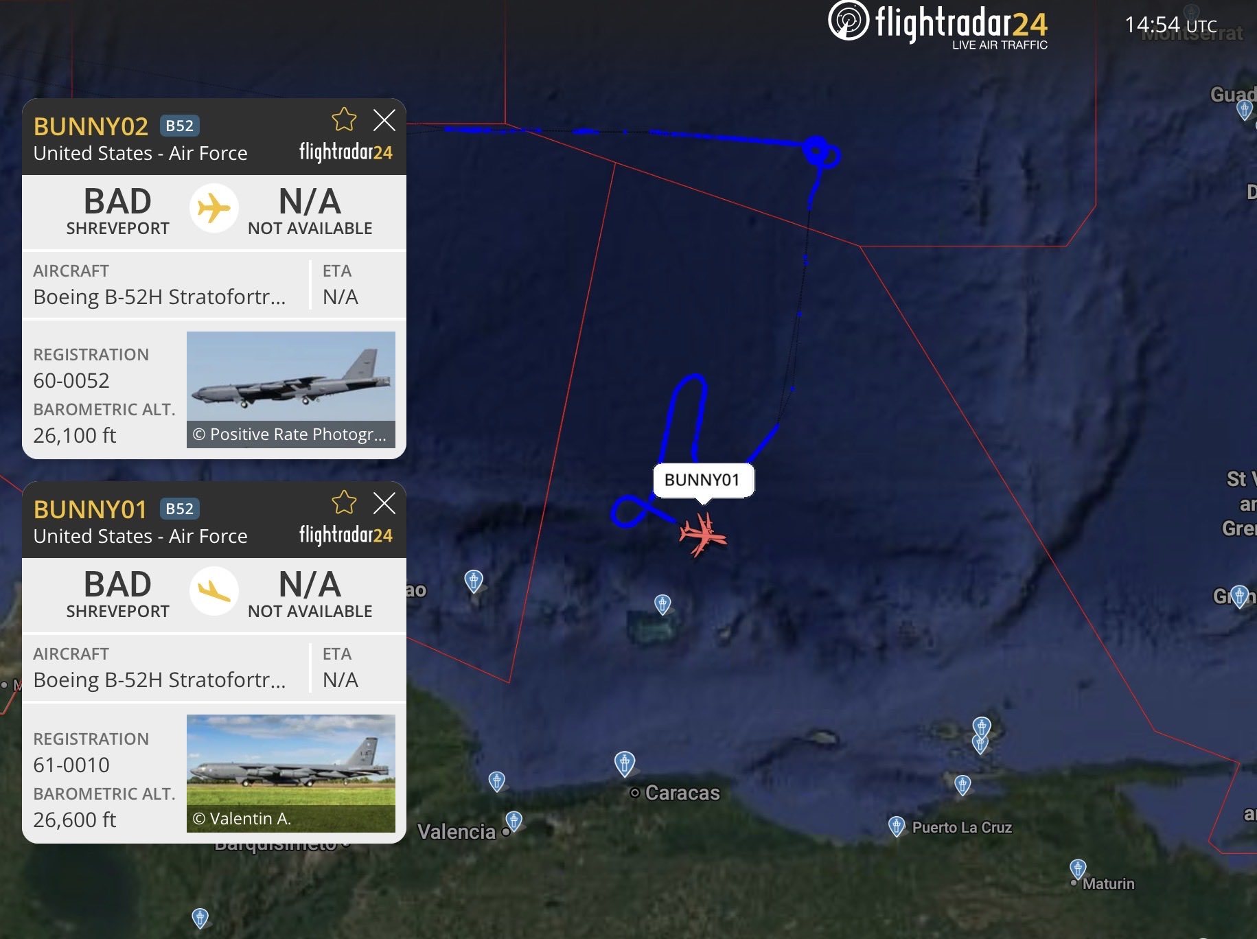 当时在FlightRadar24等开源飞行轨迹追踪平台上显示的B-52航迹 社交媒体