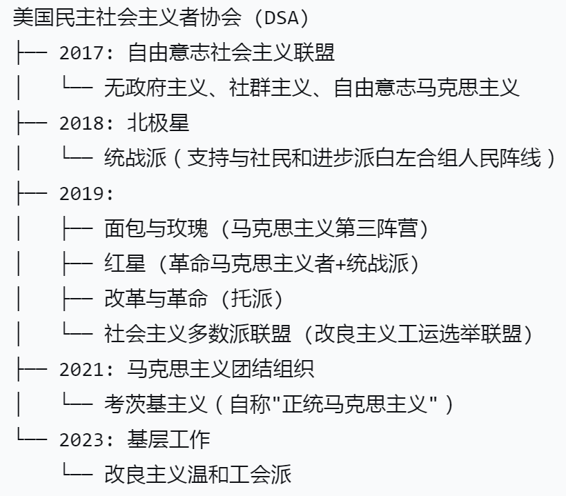 DSA内部已知的主要理念派系,按笔者自己的视角,堪称“反党白左妖魔鬼怪大全” 作者制图