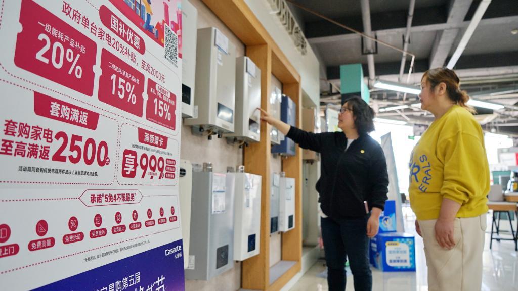 4月15日，在浙江省嘉兴市南湖区南溪路一家大型家电商场，工作人员向消费者介绍一款参与政府补贴活动的热水器。新华社发（金鹏摄）
