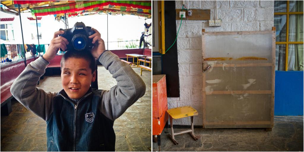 拼版照片：2013年10月9日，达瓦次仁在用相机拍照（左图）；达瓦次仁拍摄的照片（右图）。