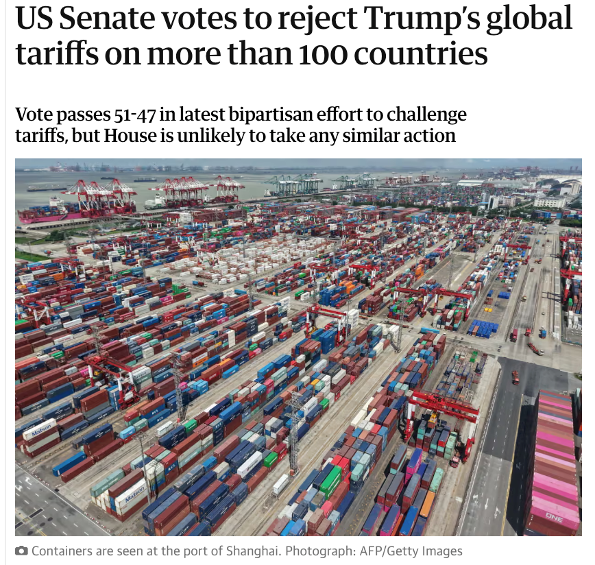 △《卫报》报道,此次有四位参院共和党议员在表决中站在了民主党一边,形成了跨党派否决