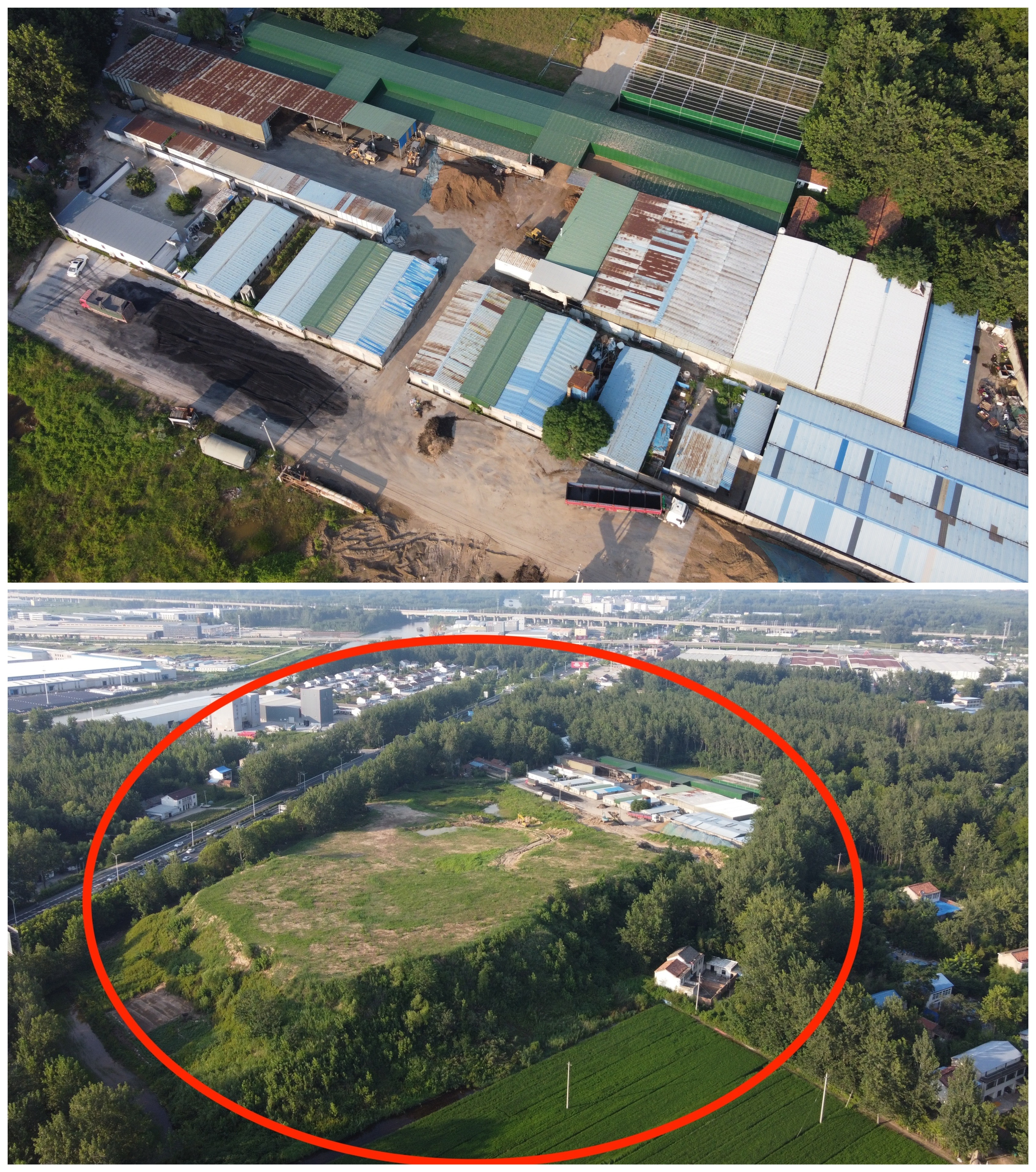 淮安鸿扬农业科技有限公司的工厂和旁边数十亩遗留建筑垃圾堆放地。本文图片均由 澎湃新闻影子调查队 摄