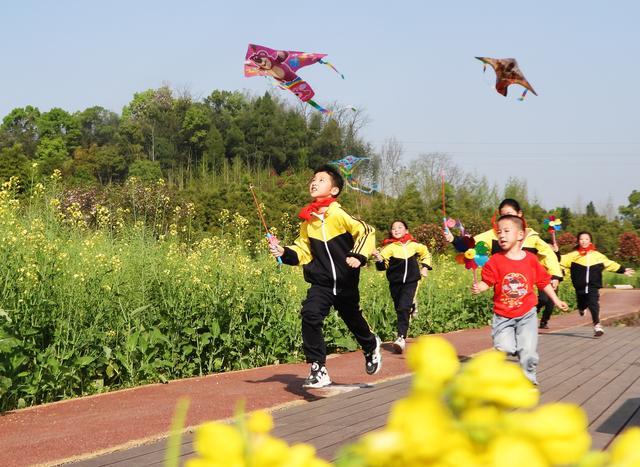 4月8日，学生在四川省达州市大竹县月华镇河心村油菜花田里放风筝。新华社发（邓良奎　摄）