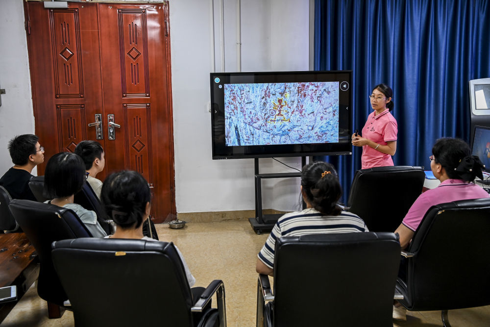 ↑6月19日，在位于广西宁明县的花山岩画监测站，工作人员进行业务讨论。