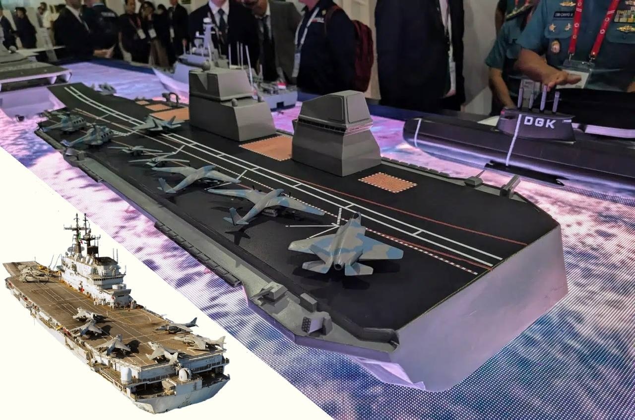 印尼Indo Defence2025防务展上的“朱塞佩·加里波第”号概念模型,可以看出与意大利海军服役状态(左下角)存在相当大区别 社交媒体