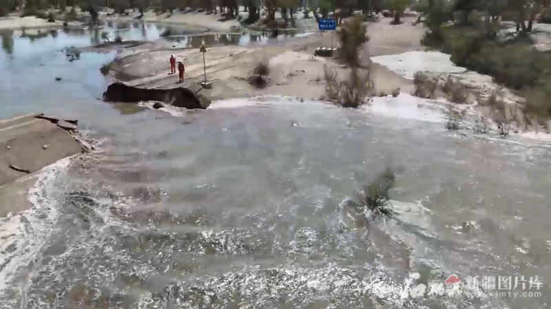 工作人员在巡查向胡杨林引流的生态水。沙雅县胡杨林保护中心供图