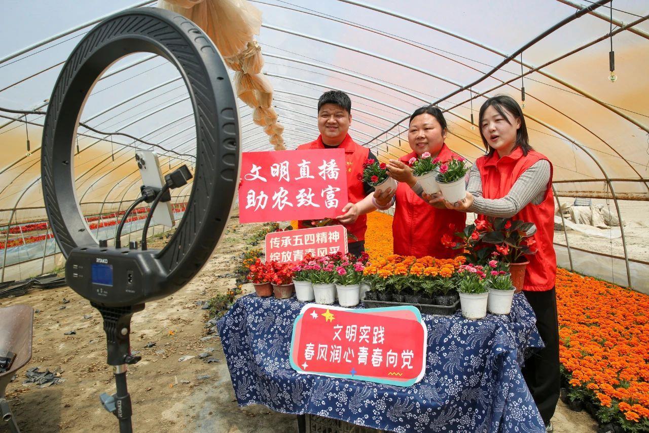 △2025年5月3日，江苏南通如皋市城南街道申徐村花卉种植基地，青年文明实践员通过直播平台销售当地鲜花盆栽，促进花农增收。