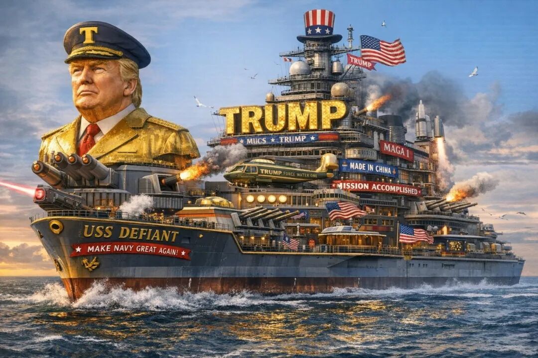 ◆针对“特朗普”级战列舰的讽刺漫画。