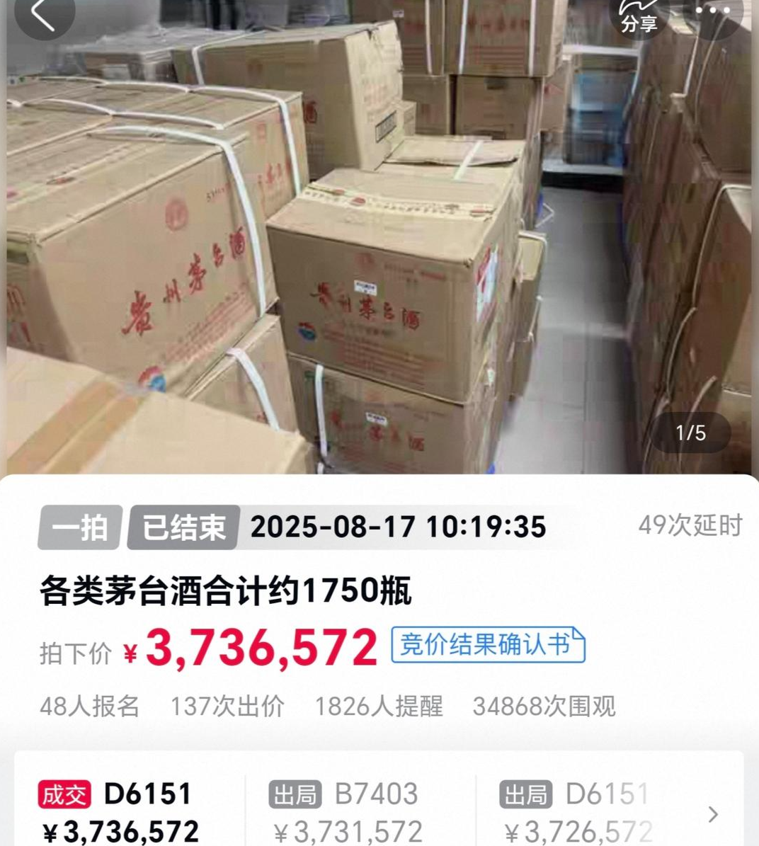 ▲1750瓶茅台被人拍下 拍卖平台截图