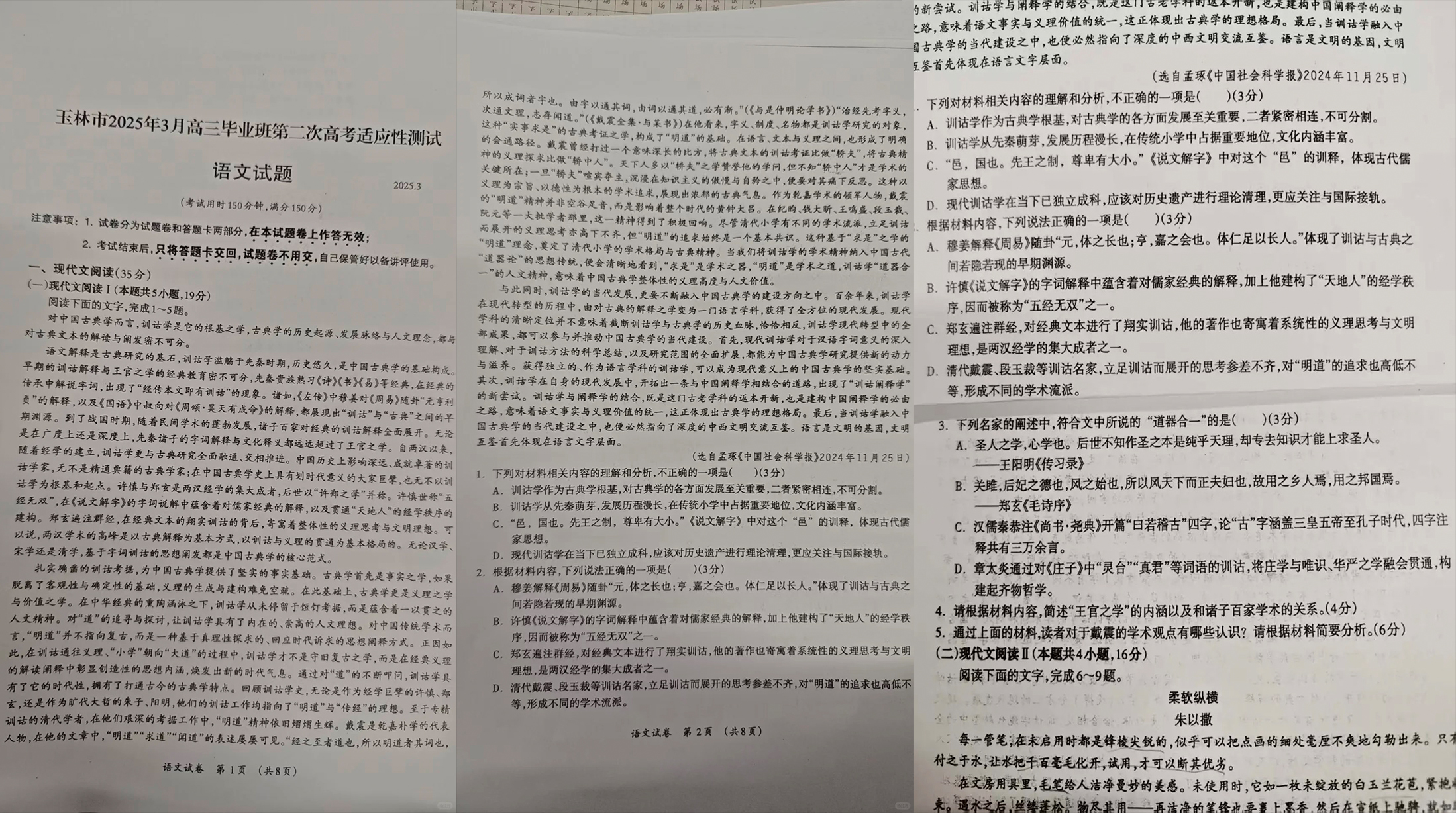 《玉林市2025年3月高三毕业班第二次高考适应性测试语文试题》。网络截图
