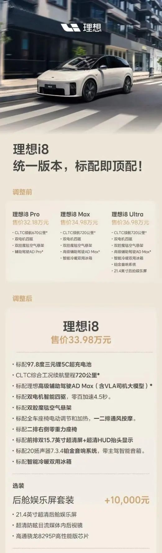 理想i8价格调整？售价统一33.98万，全系仅有一个配置_凤凰网