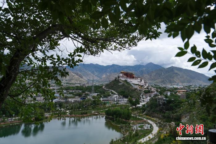 8月4日，在拉萨团结公园药王山步道眺望布达拉宫，拉萨城市呈现“半城山色半城湖”的美丽景观。 中新社记者 江飞波 摄