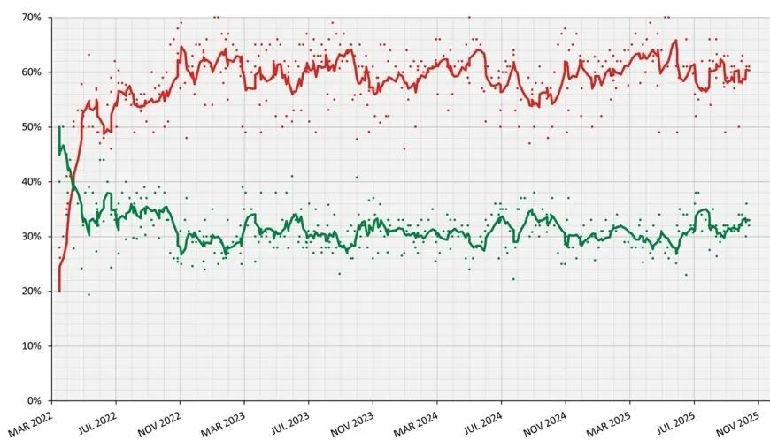 2022年3月-2025年10月博里奇政府支持率(红色)与不支持率(绿色) 数据来源:https://en.wikipedia.org/wiki/Gabriel_Boric