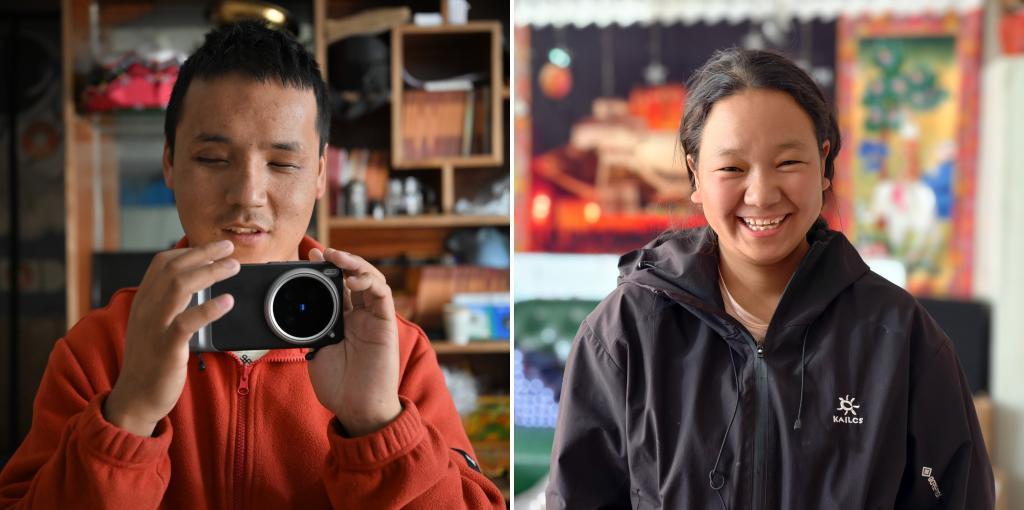 拼版照片：2025年10月10日，达瓦次仁在用手机拍照（左图）；达瓦次仁拍摄的妻子朋琼（右图）。