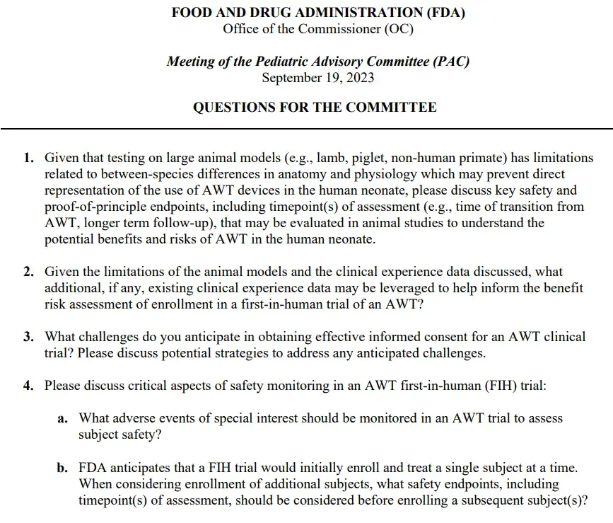 FDA 对委员会提出的问题