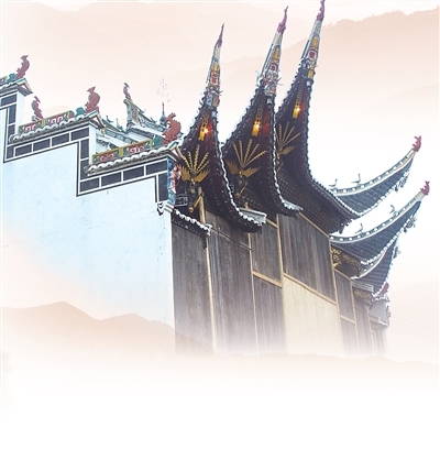江西乐平徐家村古戏台的飞檐。江南地区古建筑的飞檐大幅度上翘,姿态挺拔。 石卫明摄(影像中国)