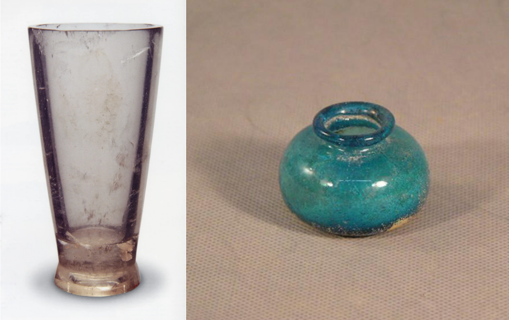 △左:战国水晶杯;右:北魏玻璃壶。