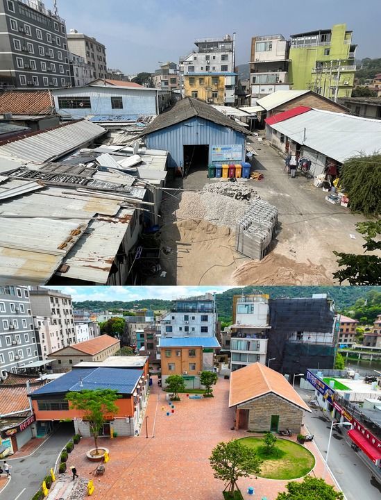 拼版照片：上图为厦门市思明区滨海街道黄厝社区塔头社城中村大广场改造前的景象（资料照片）；下图为2024年6月27日拍摄的同一地点改造后的景象（新华社记者 周义 摄，无人机照片）。新华社发