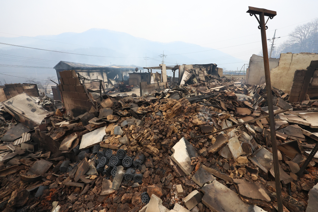 当地时间2025年3月27日，韩国庆尚北道，青松郡坡川面智境里的一栋房屋因夜间蔓延的山火而倒塌。视觉中国 图