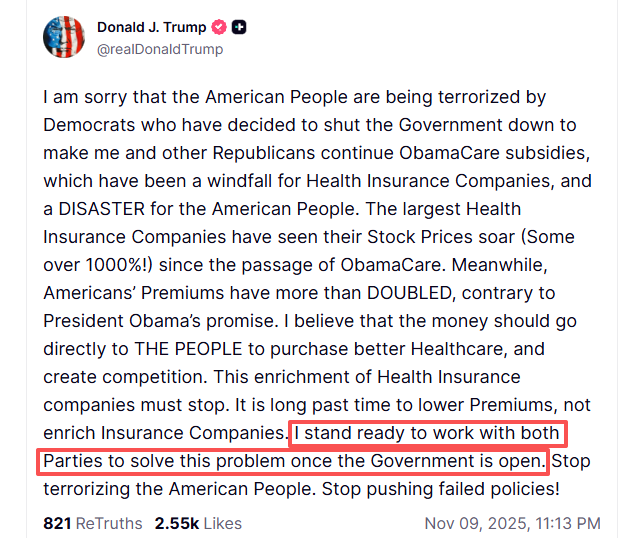 △11月9日,美国总统特朗普再次在社交媒体上发帖,批评民主党人的医保政策,并坚持其先重开政府,再与民主党人讨论医保问题的立场。