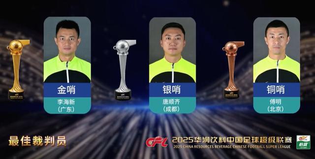 官方公布2025中超裁判奖项，李海新金哨唐顺齐银哨傅明铜哨_凤凰网