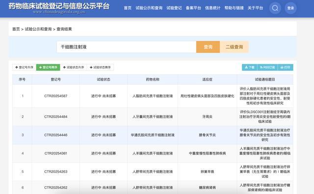 国家药品监督管理局药品审评中心临床试验登记平台关于“干细胞注射液”的查询结果。