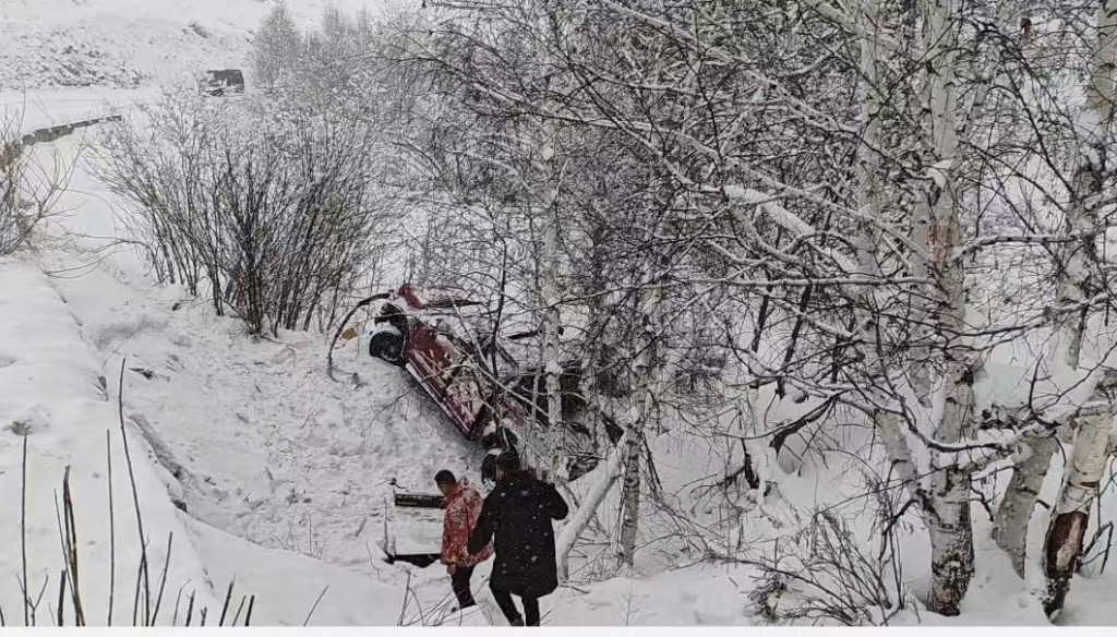 路过的游客帮助救援滑到谷底的车辆。